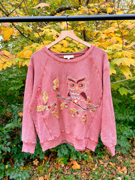 Upcycled Owl Waffle Knit Top 🍁